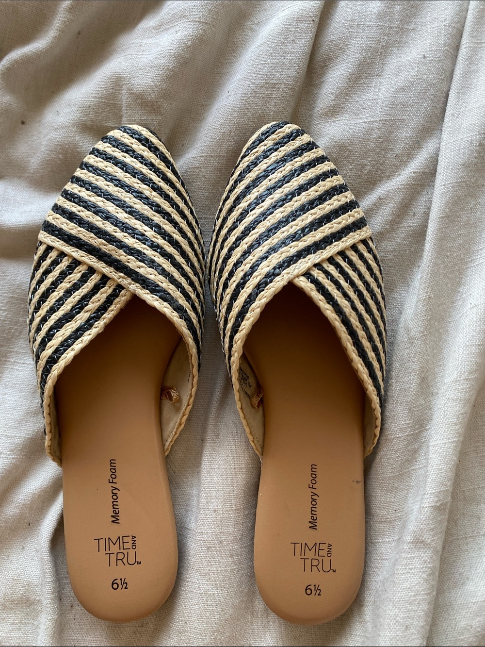Time and Tru Black and Natural Striped Pointed Slip-On Mules